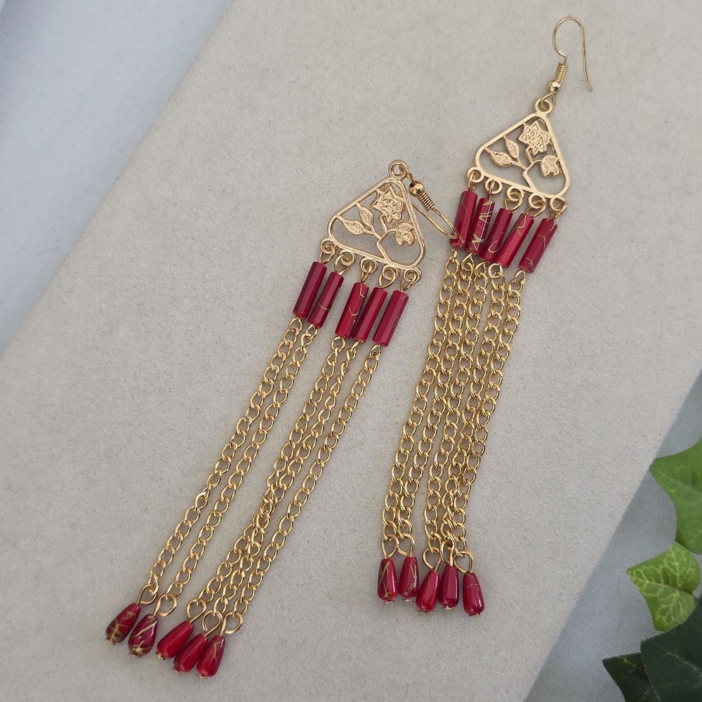 Gold Chandelier Statement Earrings with Long Chain Fringe